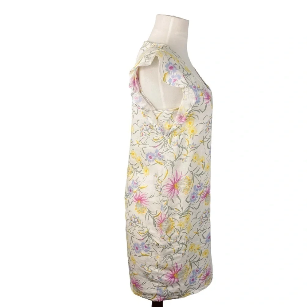 Joie Floral 100% Linen Ruffle Cap Sleeve V-Neck Dress Sz X Small - Picture 4 of 8